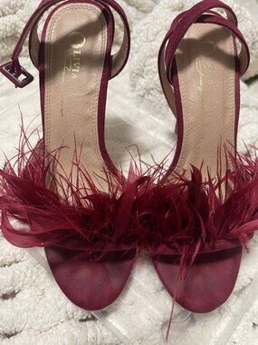 Feather-Trim Burgundy Heeled Sandals by Olivia Miller
